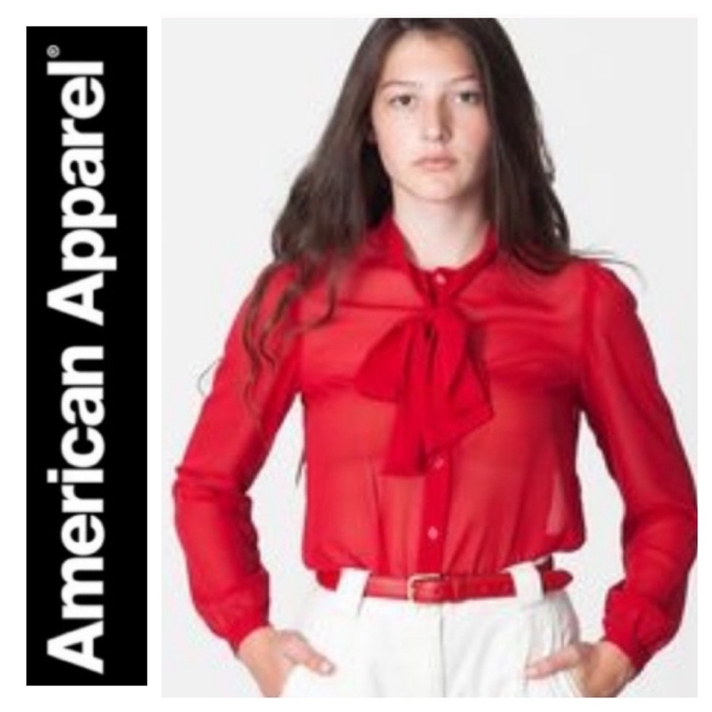 ➡️Chiffon by American Apparel Red Bow Blouse Size Small